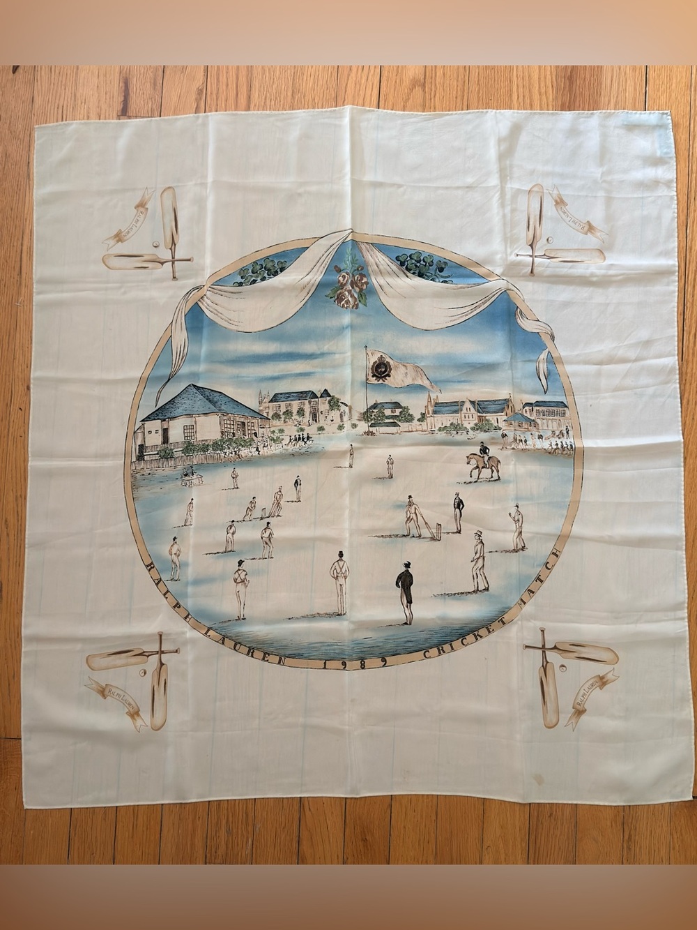 Ralph Lauren Rare 100 % Silk Cream and Blue Cricket Match Lg Scarf- approx 36”